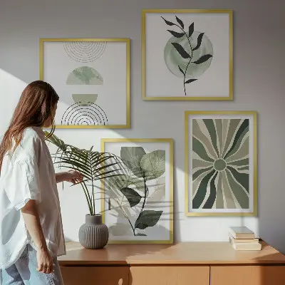 Plantens geometriske former billedvæg over sofa