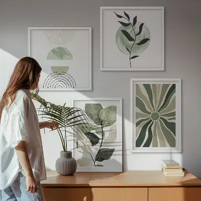 Plantens geometriske former billedvæg over sofa