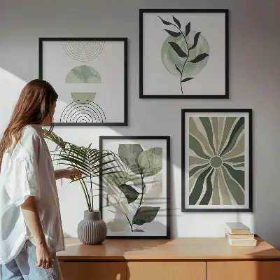 Plantens geometriske former billedvæg over sofa