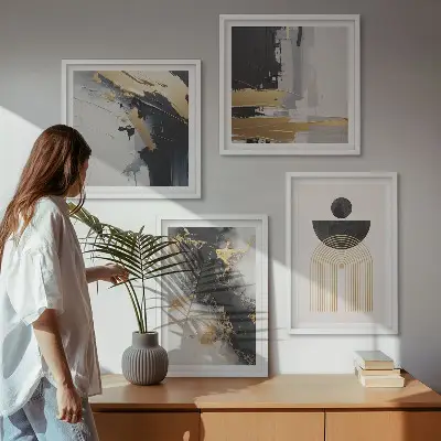 Abstrakt geometrisk komposition billedvæg til ophæng over sofa