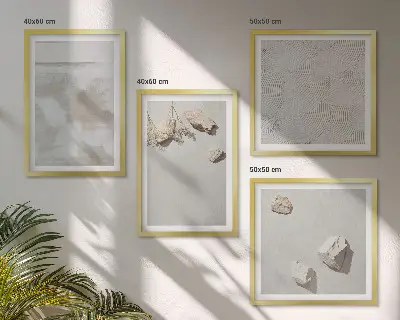 Billedvæg over sofa med boho sandstenstekstur