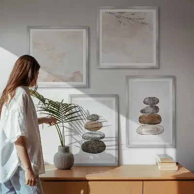 Stakke af sten boho maleri billedsæt inklusiv ramme
