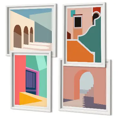 Billedvæg over sofa med farverige illustrationer af byen