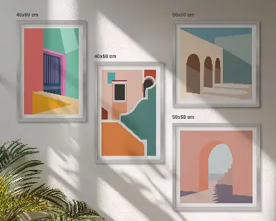Billedvæg over sofa med farverige illustrationer af byen