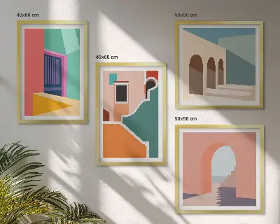 Billedvæg over sofa med farverige illustrationer af byen