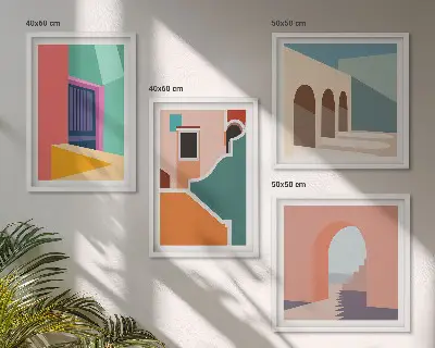 Billedvæg over sofa med farverige illustrationer af byen