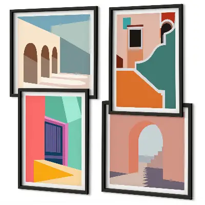 Billedvæg over sofa med farverige illustrationer af byen