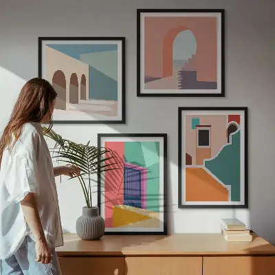 Billedvæg over sofa med farverige illustrationer af byen