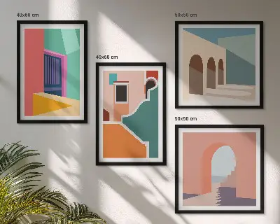 Billedvæg over sofa med farverige illustrationer af byen