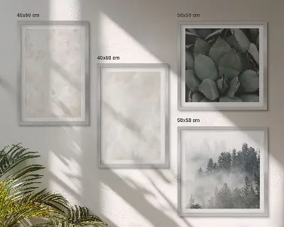 Billedvæg over sofa med stenmotiv i pastelfarvet marmor