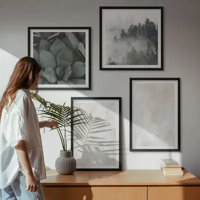 Billedvæg over sofa med stenmotiv i pastelfarvet marmor