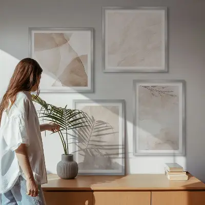 Akvarelmaling med boho teksturer billedvæg til ophæng over sofaen