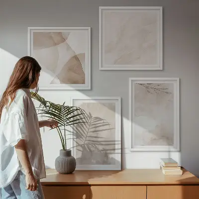 Akvarelmaling med boho teksturer billedvæg til ophæng over sofaen