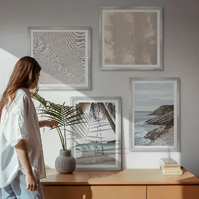 Sommerudsigt over sand og havet billedvæg til ophængning over sofaen