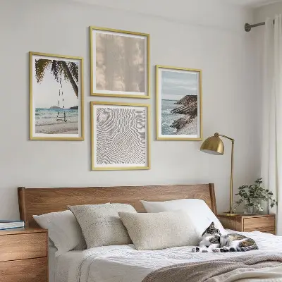 Sommerudsigt over sand og havet billedvæg til ophængning over sofaen