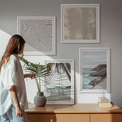 Sommerudsigt over sand og havet billedvæg til ophængning over sofaen