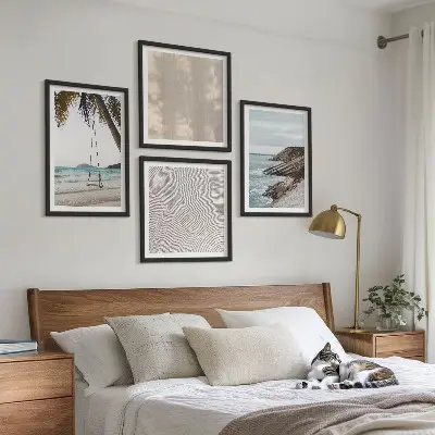 Sommerudsigt over sand og havet billedvæg til ophængning over sofaen