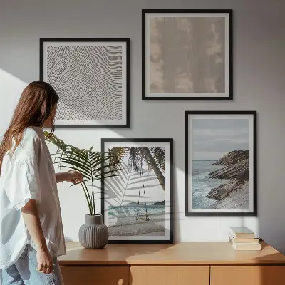 Sommerudsigt over sand og havet billedvæg til ophængning over sofaen