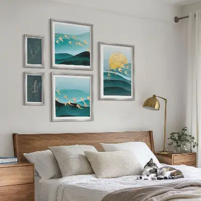Billedsæt til sofa motiver af fugle og bølger i moderne stil