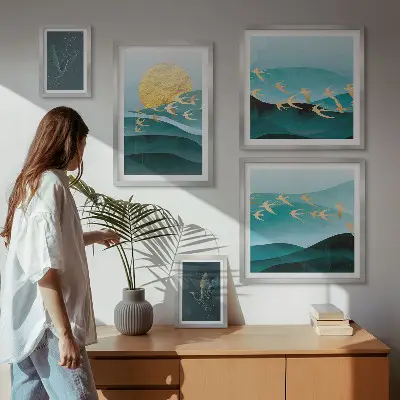Billedsæt til sofa motiver af fugle og bølger i moderne stil