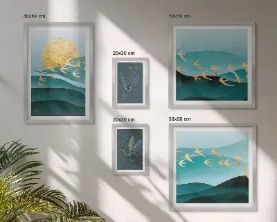 Billedsæt til sofa motiver af fugle og bølger i moderne stil