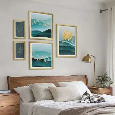 Billedsæt til sofa motiver af fugle og bølger i moderne stil
