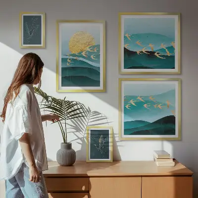 Billedsæt til sofa motiver af fugle og bølger i moderne stil