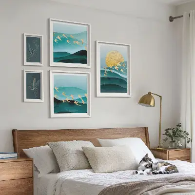 Billedsæt til sofa motiver af fugle og bølger i moderne stil
