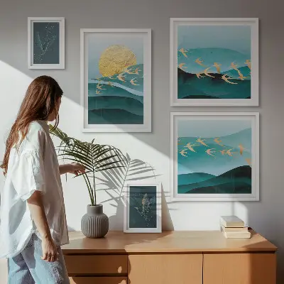 Billedsæt til sofa motiver af fugle og bølger i moderne stil