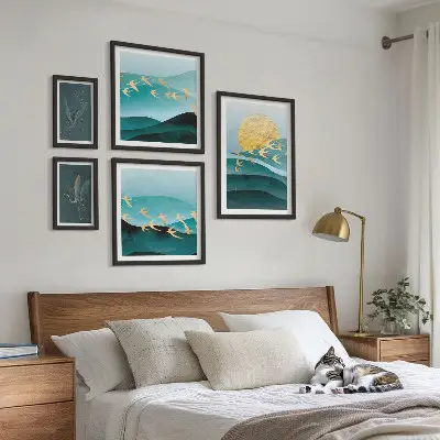Billedsæt til sofa motiver af fugle og bølger i moderne stil