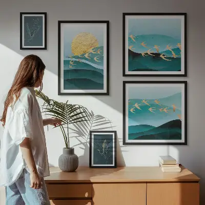 Billedsæt til sofa motiver af fugle og bølger i moderne stil