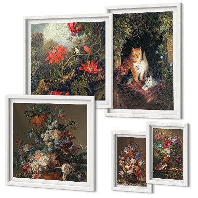Billedsæt over sofa Blomsterkatte i vintagestil
