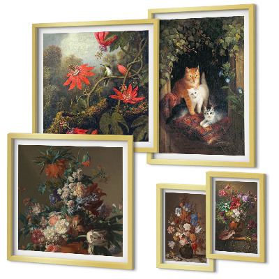 Billedsæt over sofa Blomsterkatte i vintagestil