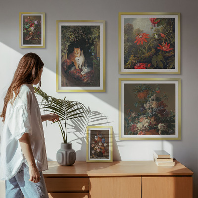 Billedsæt over sofa Blomsterkatte i vintagestil