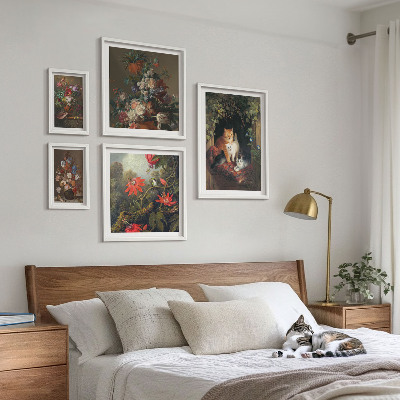 Billedsæt over sofa Blomsterkatte i vintagestil
