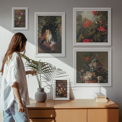Billedsæt over sofa Blomsterkatte i vintagestil