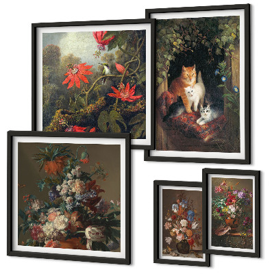 Billedsæt over sofa Blomsterkatte i vintagestil