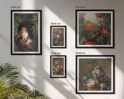 Billedsæt over sofa med blomsterkatte i vintagestil