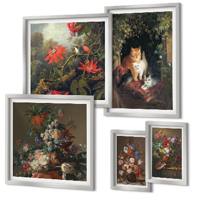 Billedsæt over sofa Blomsterkatte i vintagestil