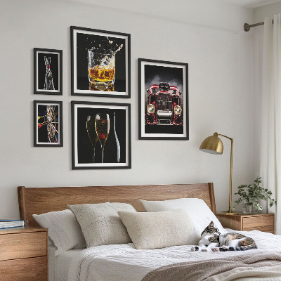 Billedsæt over sofa Stilfulde retro bil- og drikketemaer