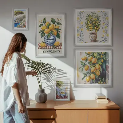 Billedkomposition til væg med middelhavsinspirerede citrusfrugter