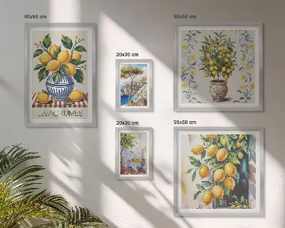 Billedkomposition til væg med middelhavsinspirerede citrusfrugter