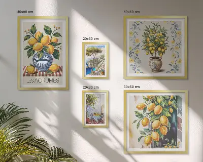 Billedkomposition til væg med middelhavsinspirerede citrusfrugter