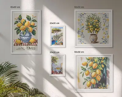 Billedkomposition til væg med middelhavsinspirerede citrusfrugter