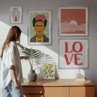 Billedsæt over sofa med boho-stil blomster og kvinde