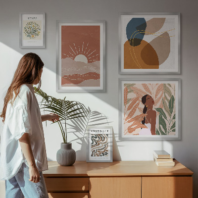 Billedkomposition til væg Abstrakte plantemotiver i boho-stil