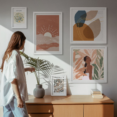 Billedkomposition til væg Abstrakte plantemotiver i boho-stil
