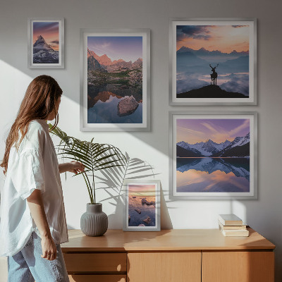 Billedkomposition til væg Refleksioner over bjergsolnedgang