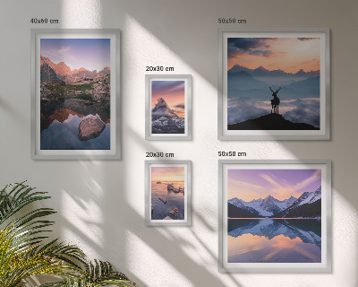 Billedkomposition til væg Refleksioner over bjergsolnedgang