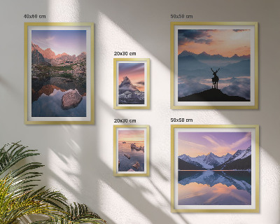 Billedkomposition til væg Refleksioner over bjergsolnedgang